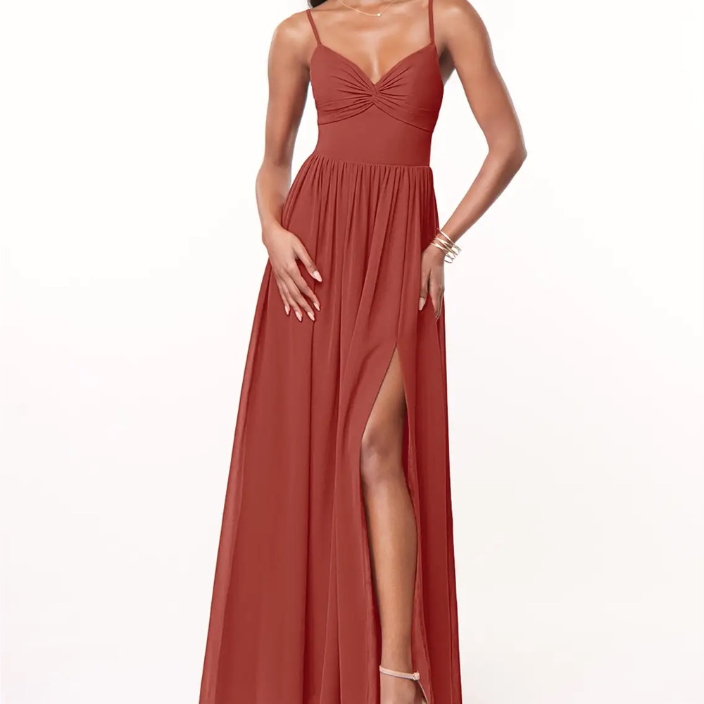 Azazie Zeya Terracotta A-Line V-Neck Pleated Chiffon Dress size 10